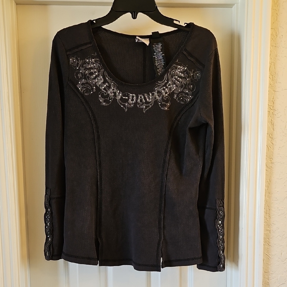 Harley-Davidson Black Graphic Long Sleeve Blouse